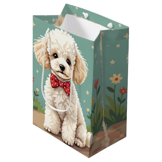 Witte schattige poedel met vlinderdas medium cadeauzakje (Voorkant Gekanteld)
