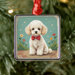 Witte schattige poedel met vlinderdas metalen ornament