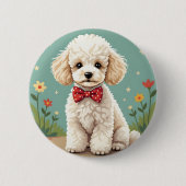 Witte schattige poedel met vlinderdas ronde button 5,7 cm (Voorkant)