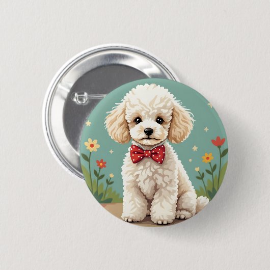 Witte schattige poedel met vlinderdas ronde button 5,7 cm (Voorkant /achterkant)