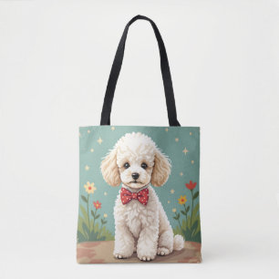 Witte schattige poedel met vlinderdas tote bag