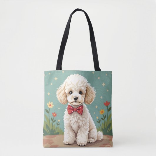 Witte schattige poedel met vlinderdas tote bag (Voorkant)