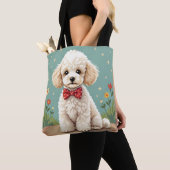 Witte schattige poedel met vlinderdas tote bag (Dichtbij)