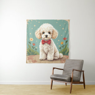 Witte schattige poedel met vlinderdas wandkleed