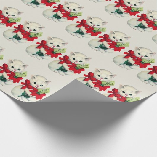 Witte Schattige Retro Kerst Kat Rood Lintje  Cadeaupapier (Hoek)