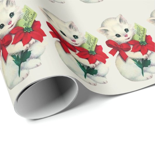 Witte Schattige Retro Kerst Kat Rood Lintje  Cadeaupapier (Rol Hoek)