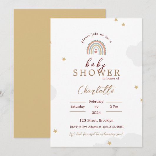 Witte Schattigee Regenboog Baby shower Invitation Kaart (Voorkant / Achterkant)