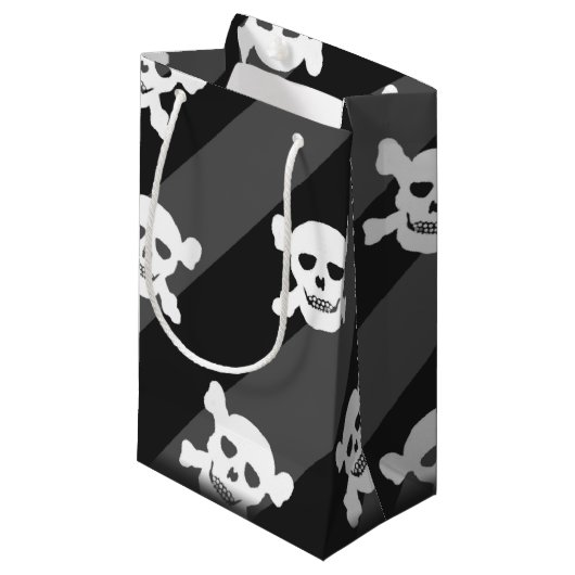 Witte schedel en kruisbeenderen op zwarte strepen klein cadeauzakje (Voorkant Gekanteld)