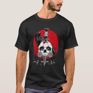 Witte Schedel Grim Reaper Rode Maan Halloween Bloe T-shirt