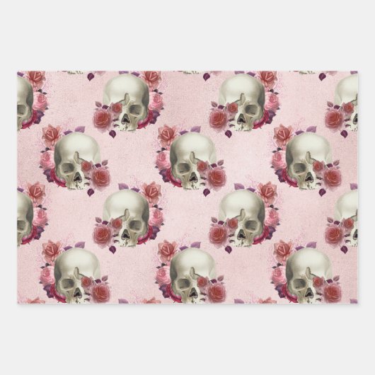 Witte schedels en roze Floral Inpakpapier Vel (Voorkant)