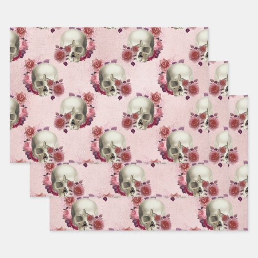 Witte schedels en roze Floral Inpakpapier Vel (Set)