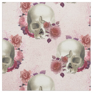 Witte schedels en roze Floral Stof