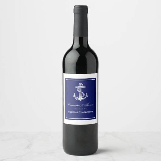 Witte scheepsanker op marineblauw frame wijn etiket (Voorkant)