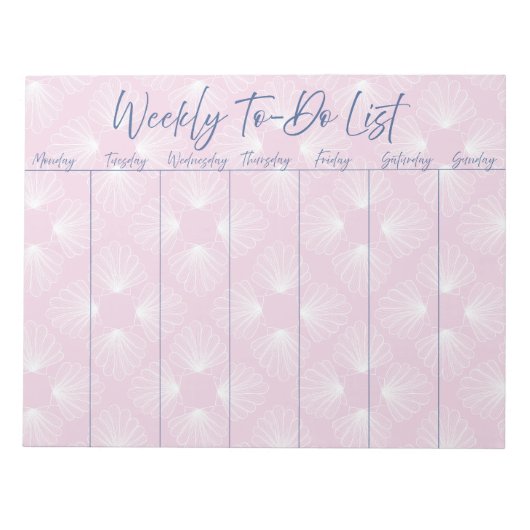 Witte schelpen op lichtroze wekelijkse to-do lijst notitieblok (Voorkant)