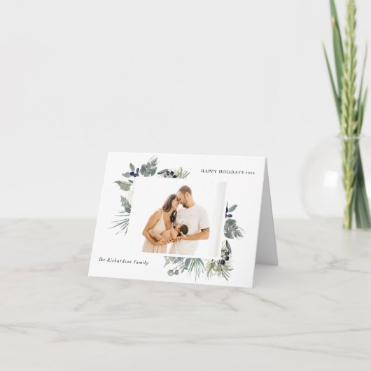 Witte schemerige groene kerstblad foto happy feestdagen kaart (Voorkant)
