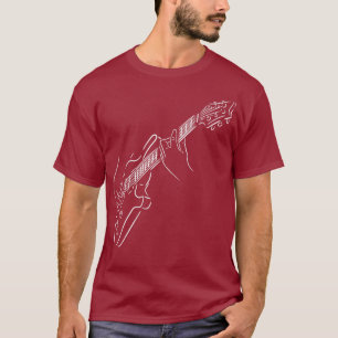 Witte schets van de gitaar. De muzikanten handen. T-shirt