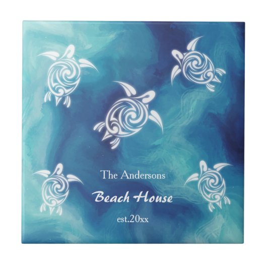 Witte schildpadden Blauwe Oceaan Waterverf Kusttek Tegeltje (Voorkant)