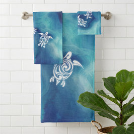 Witte schildpadden in blauw oceaanwaterverf kust bad handdoek