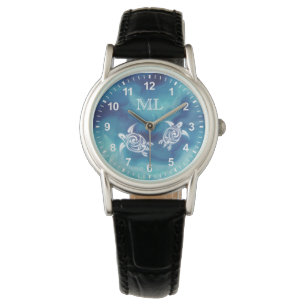 Witte schildpadden in blauwe oceaan Aquarel Monogr Horloge