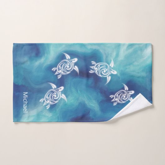 Witte schildpadden in Blauwe Oceaan Waterverf Naam Bad Handdoek (Handdoek)