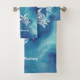 Witte schildpadden in Blauwe Oceaan Waterverf Naam Bad Handdoek