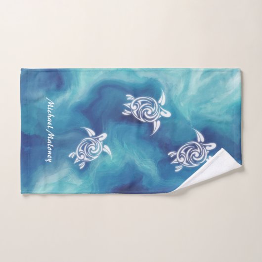 Witte schildpadden in Blauwe Oceaan Waterverf Naam Bad Handdoek (Handdoek)