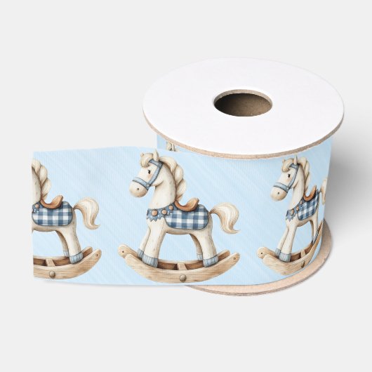 Witte Schommelpaard Blauw Geruit Zadel Grosgrain Lint (Spoel)