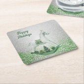 Witte Schommelpaard Groene Kerst Papier Onderzette Kartonnen Onderzetters (Schuin)