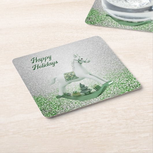 Witte Schommelpaard Groene Kerst Papier Onderzette Kartonnen Onderzetters (Schuin)