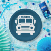 Witte schoolbus op blauwe achtergrond papieren bordje (Feest)
