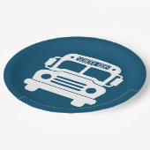 Witte schoolbus op blauwe achtergrond papieren bordje (Gekanteld)