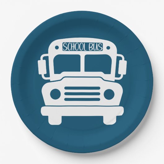 Witte schoolbus op blauwe achtergrond papieren bordje (Voorkant)