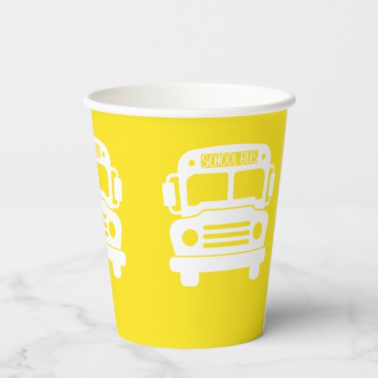 Witte schoolbus op gele achtergrond papieren bekers (Achterkant)