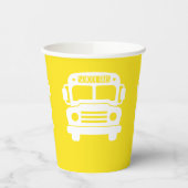 Witte schoolbus op gele achtergrond papieren bekers (Links)