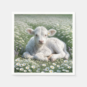 Witte Schotse Hoogland kalf in Daisy Meadow Servet