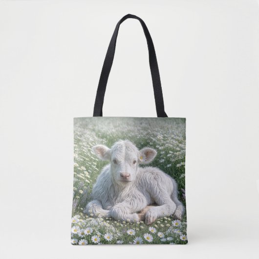 Witte Schotse Hoogland kalf in Daisy Meadow Tote Bag (Voorkant)