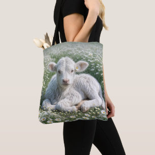 Witte Schotse Hooglandkalf in madeliefjesweide Tote Bag