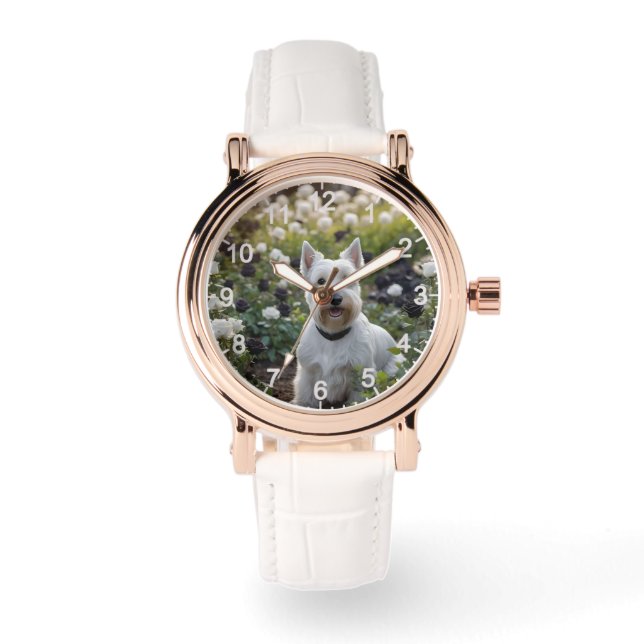 Witte Schotse Terriër met zwarte witte Rozen, Horloge (Voorkant)