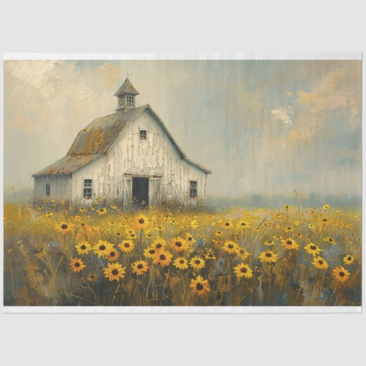 Witte Schuur Geel Bloemenveld Rustieke Decoupage Tissuepapier (Voorkant)