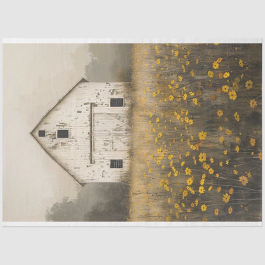 Witte Schuur Gele Wildbloemen Rustieke Decoupage Tissuepapier (Voorkant)