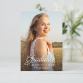 witte script afstuderen aankondiging foto kaart (Staand voorkant)