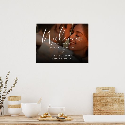 Witte Script Foto Bruiloft Welkomstbord Poster (Keuken)