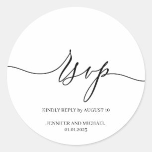 Witte script handtekening Elegante Huwelijks-RSVP Ronde Sticker