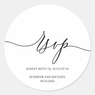 Witte script handtekening Elegante Huwelijks-RSVP Ronde Sticker