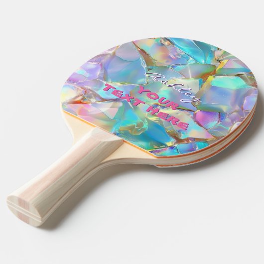 Witte Script Naam op Opal achtergrond, Jouw tekst Tafeltennisbatje (Voorkant Gekanteld)