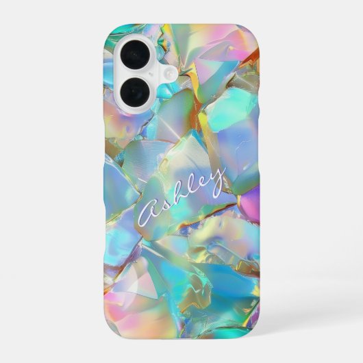 Witte scriptnaam op opaal achtergrond iPhone 16 hoesje (Achterkant)