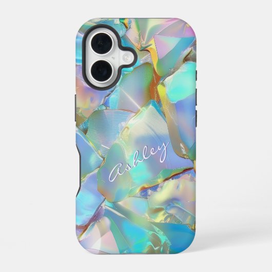 Witte scriptnaam op opale achtergrond iPhone 16 hoesje (Achterkant)