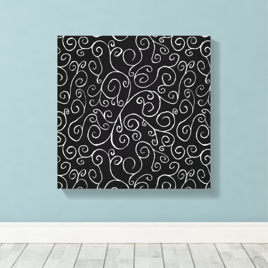 Witte scrollende curven op zwart canvas afdruk (Insitu (Houten vloer))