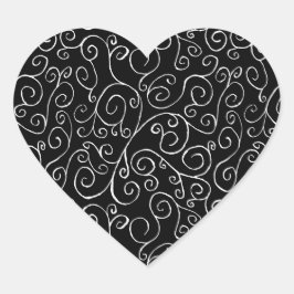 Witte scrollende curven op zwart hart sticker