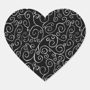Witte scrollende curven op zwart hart sticker